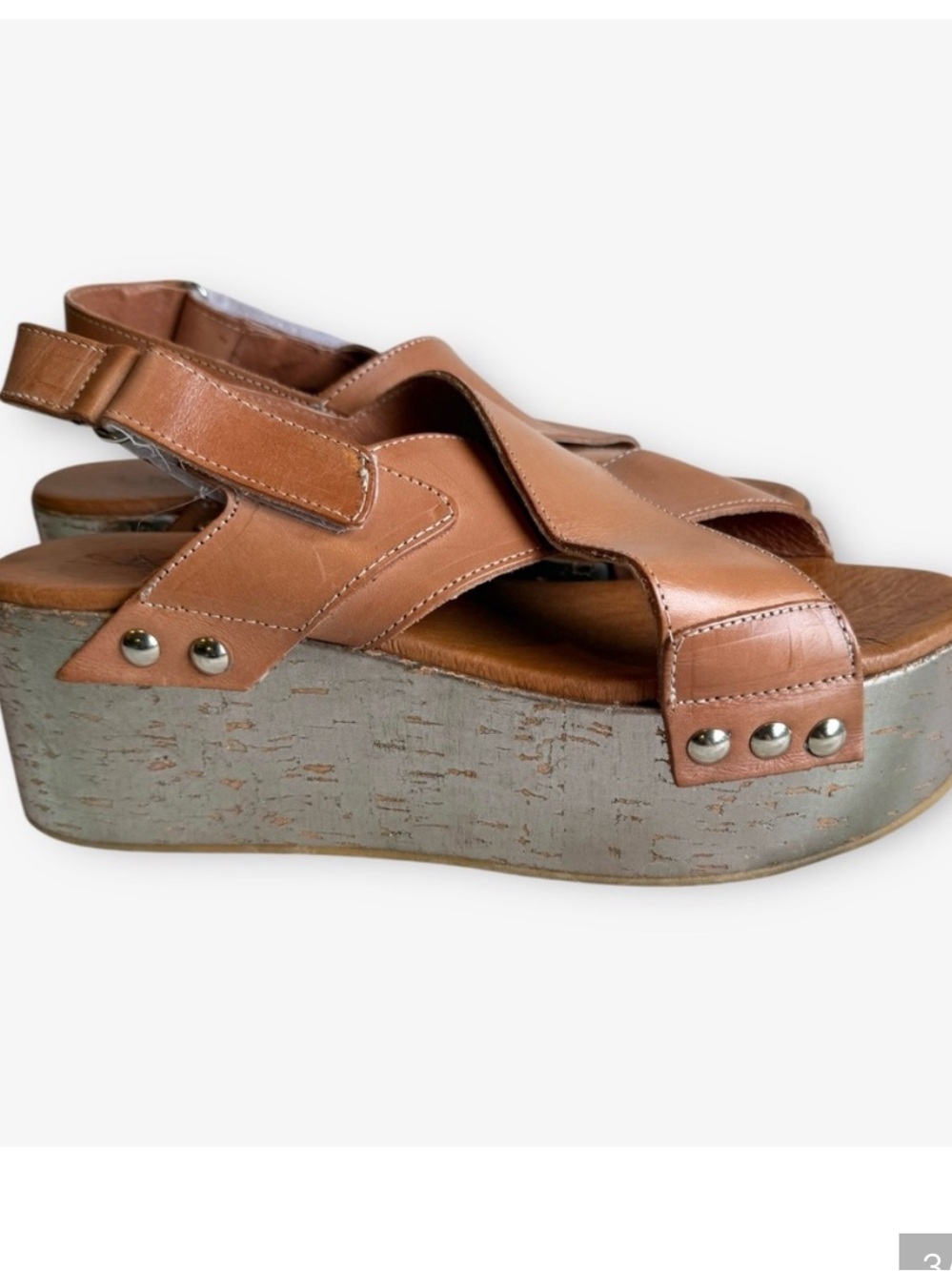 Sixtyseven Nira Tan Leather Platform Crossover Sandals Silver Cork Size 39